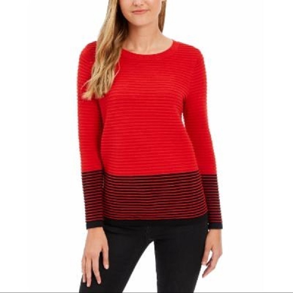 Charter Club Women's Size Medium Ottoman Stripe Crewneck Sweater Red Black Long